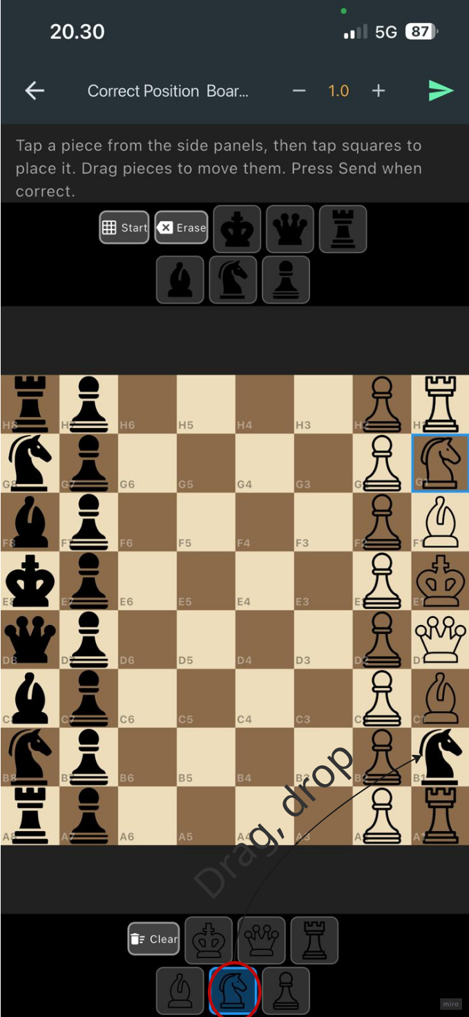Tapping the white knight icon and dropping it onto b1 to fix the detection