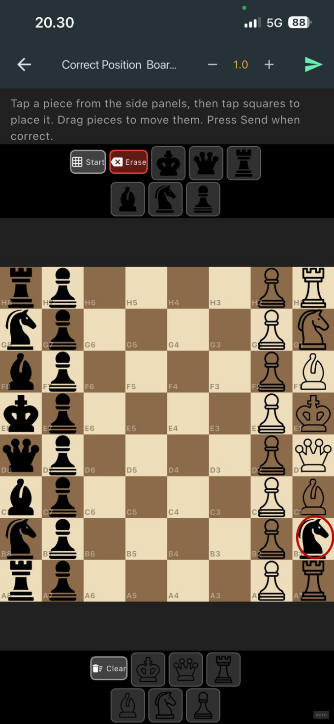 Correction screen: white knight on b1 detected as a black knight